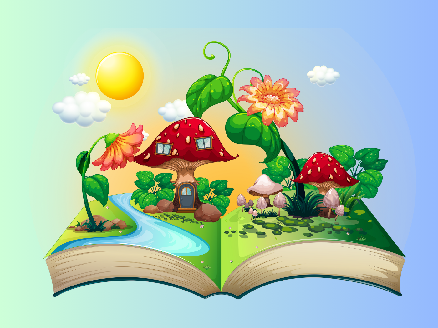Un livre ouvert avec des maisons-champignon rouges, des fleurs oranges, une rivière le soleil, des nuages et le ciel bleu